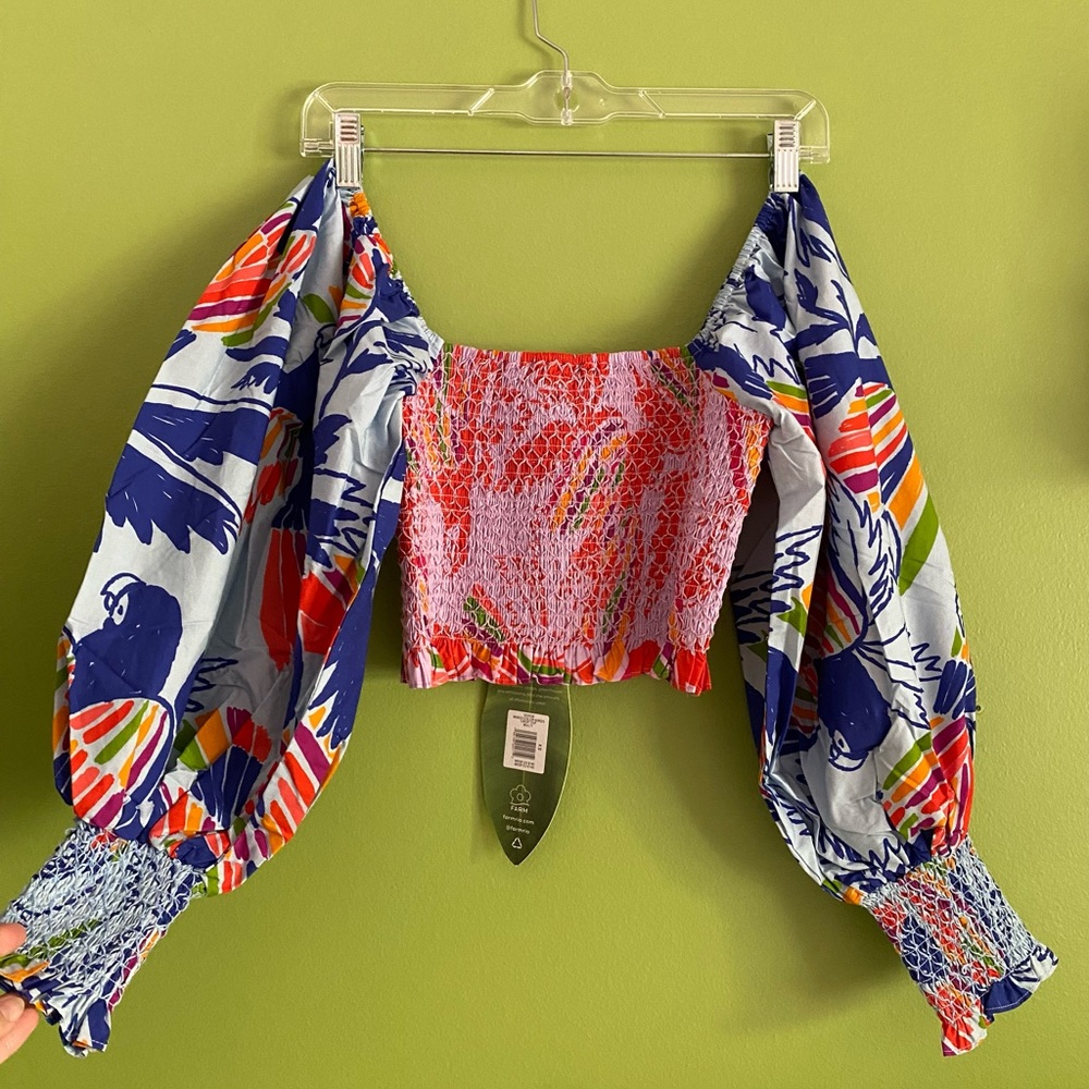 FARM Rio Rainbow Smocked Crop Top with Bold Blue Balloon Sleeves